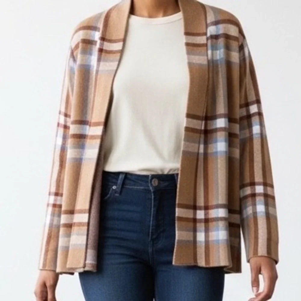 Tahari Womens XL Plaid Blazer Sweater‎ Hooded Cardigan cozy academia layered